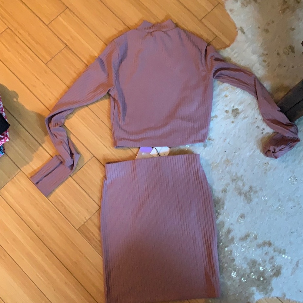 Missguided Ribbed skirt and crop high neck/long sleeve outfit in pink